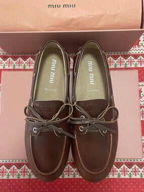 Elegant Miu Miu Brown Leather Women's Boat Shoes